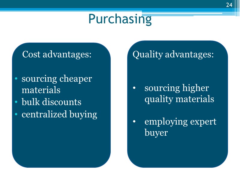 Purchasing Cost advantages:  sourcing cheaper materials bulk discounts centralized buying  24 Quality